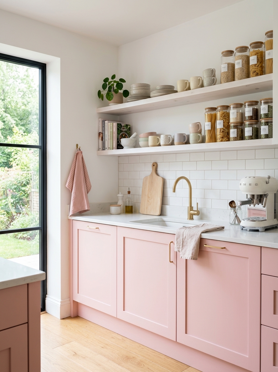 Pastel Pink Kitchen with Open Shelving