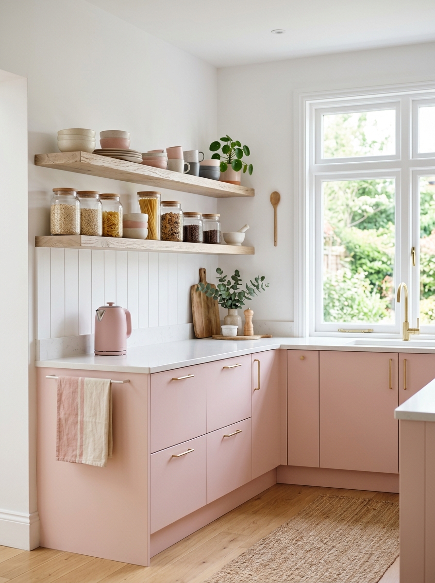 Pastel Pink Kitchen with Open Shelving