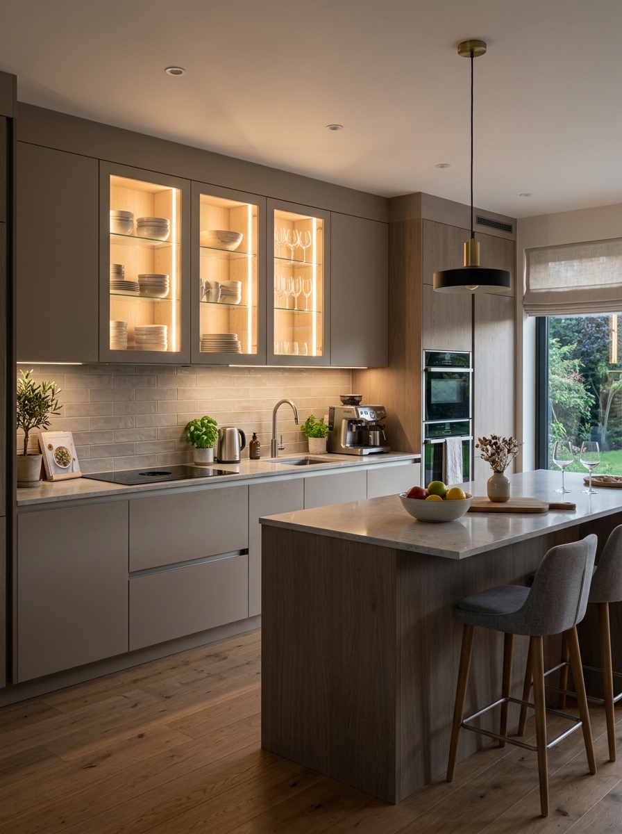 Glass-Front Cabinets with Soft Lighting