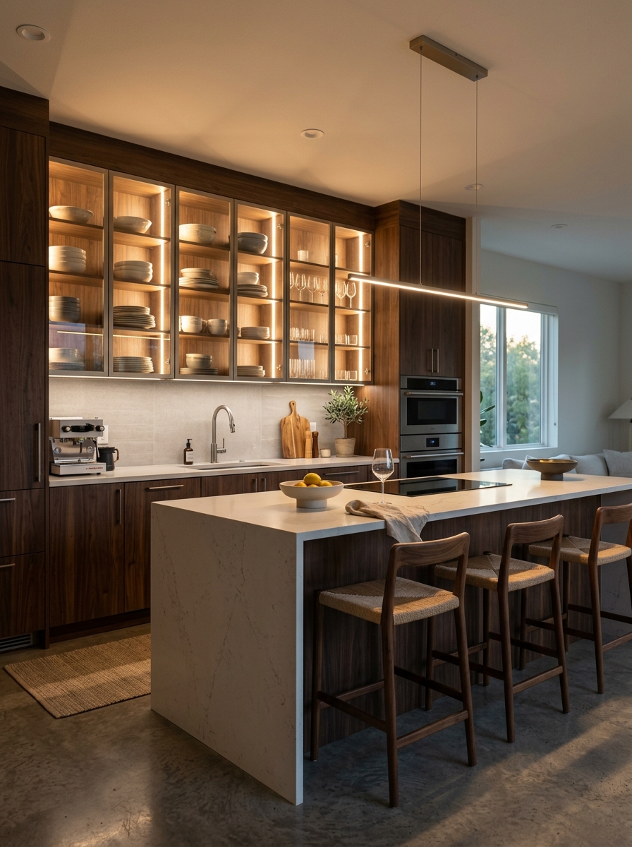 Glass-Front Cabinets with Soft Lighting