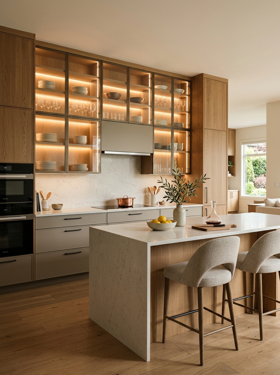 Glass-Front Cabinets with Soft Lighting