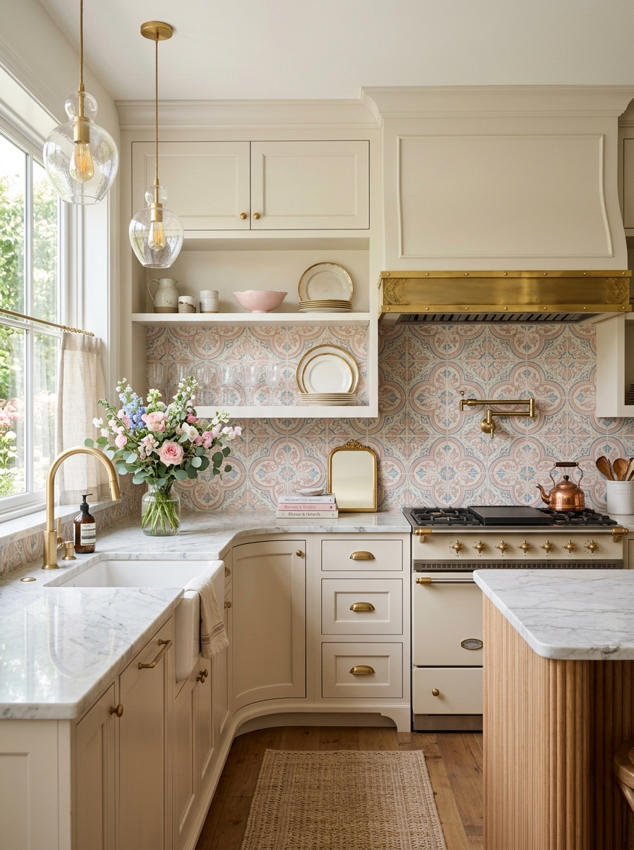 Patterned Tile Backsplash with Feminine Details