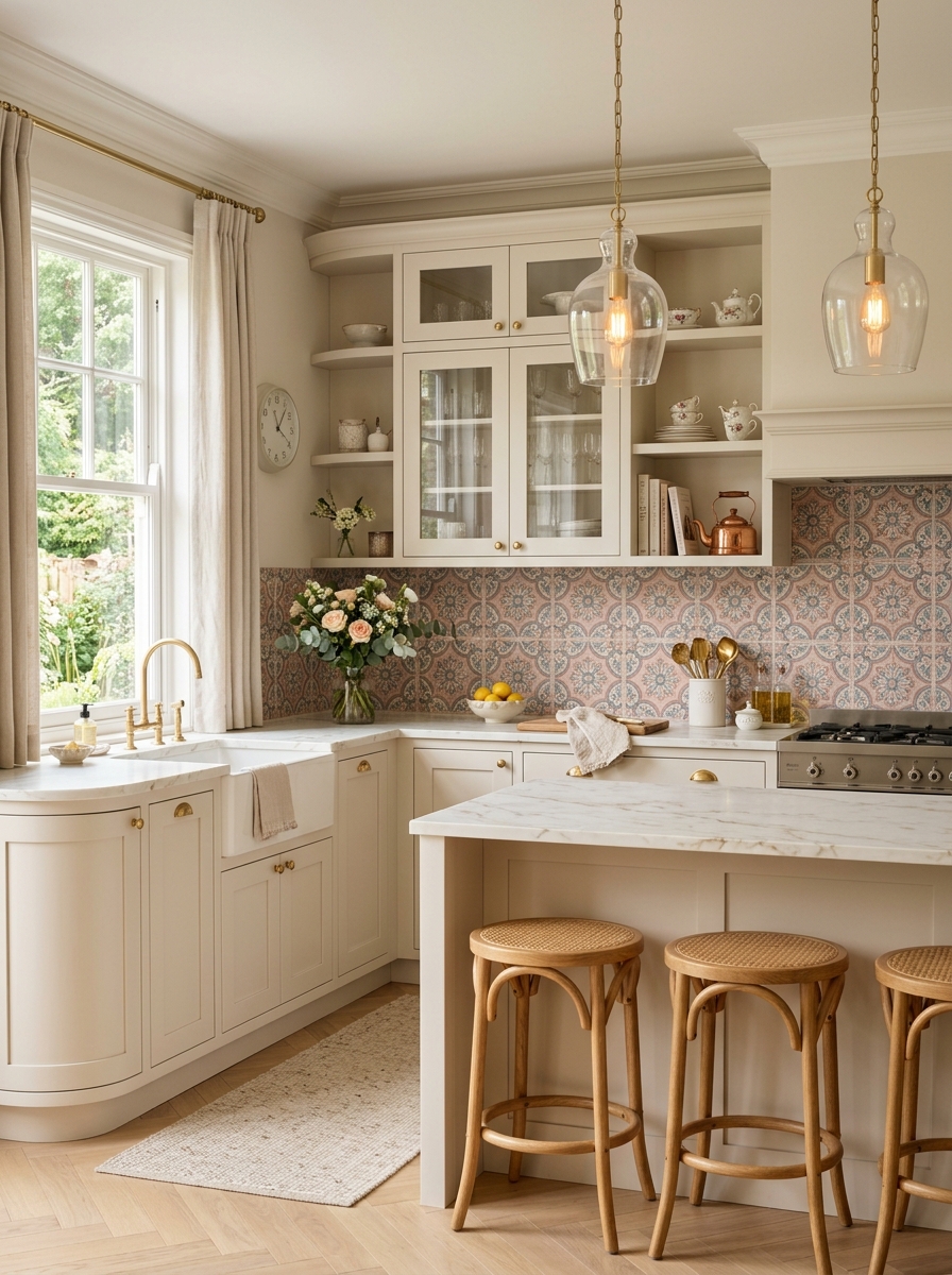 Patterned Tile Backsplash with Feminine Details