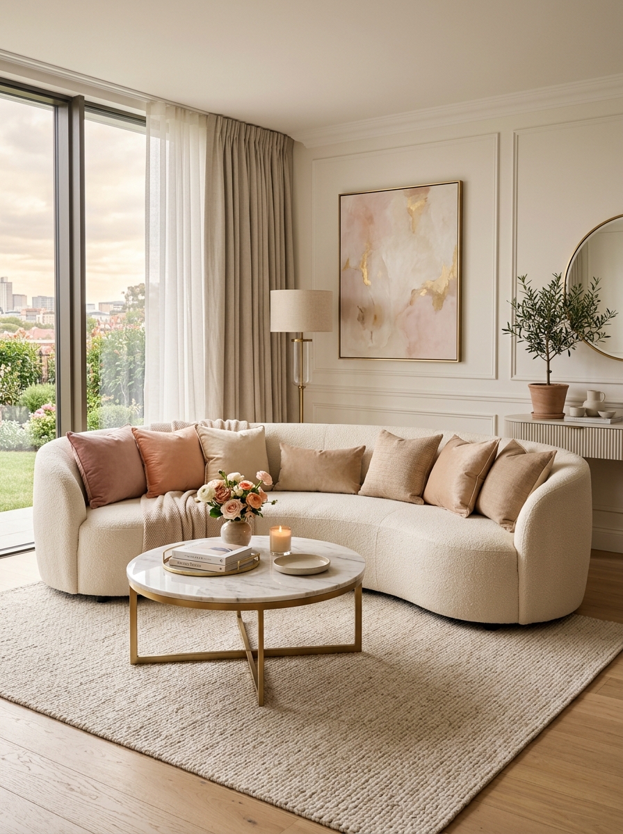 Curved Sofa with Soft Pastel Accents