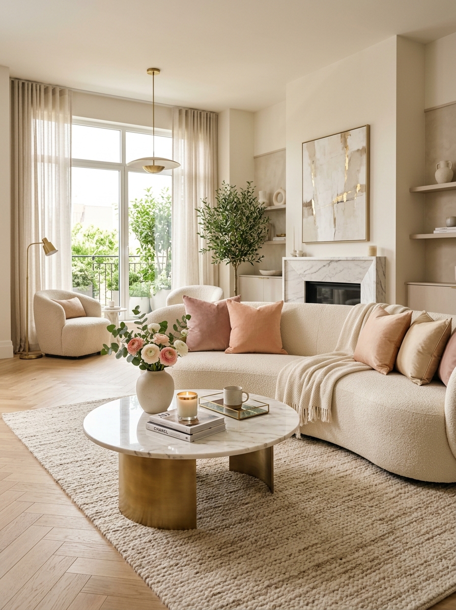 Curved Sofa with Soft Pastel Accents
