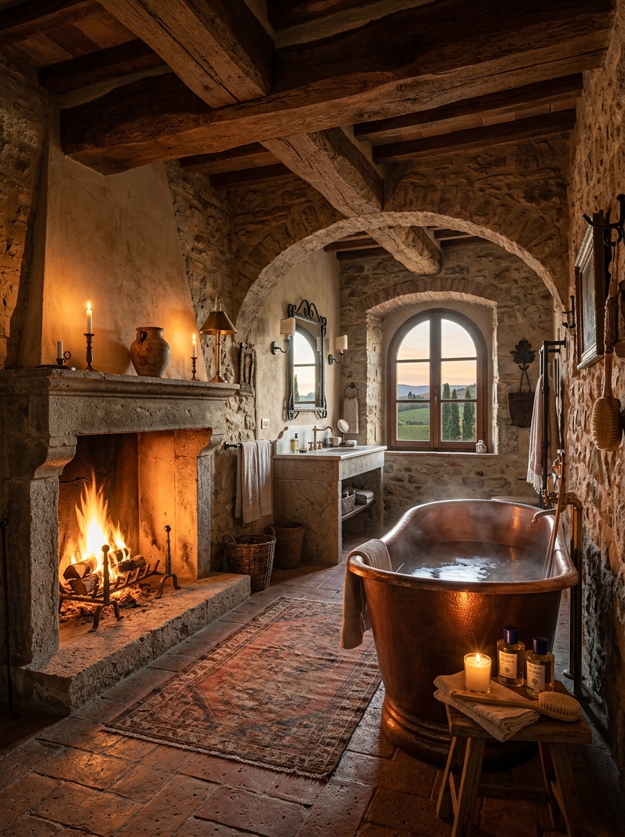 Tuscan Bathroom with Stone Fireplace