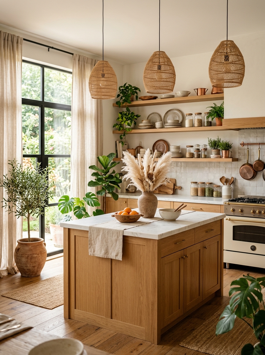 Sunlit Boho Kitchen with Natural Wood & Woven Accents