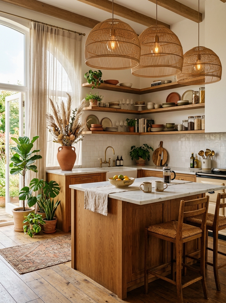 Sunlit Boho Kitchen with Natural Wood & Woven Accents