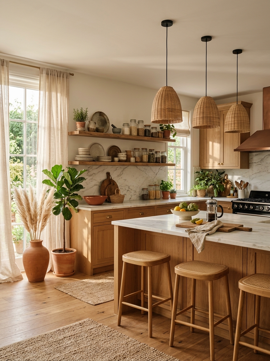 Sunlit Boho Kitchen with Natural Wood & Woven Accents