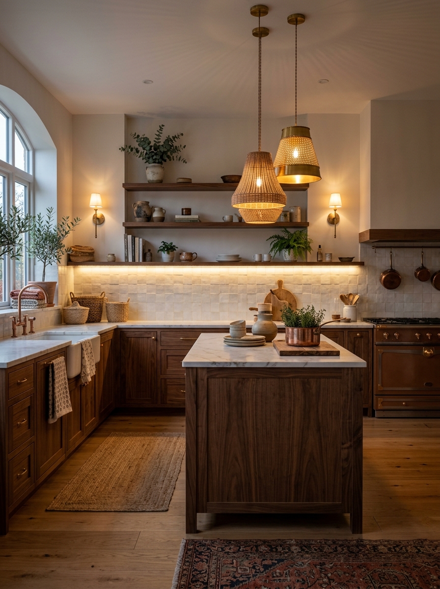 Luxe Boho Kitchen with Layered Lighting & Warm Glow