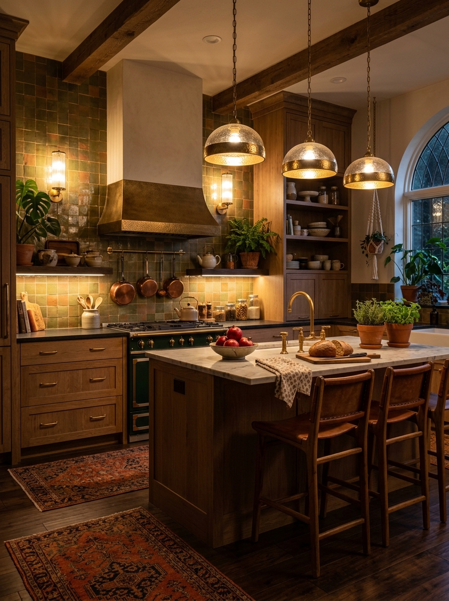 Luxe Boho Kitchen with Layered Lighting & Warm Glow