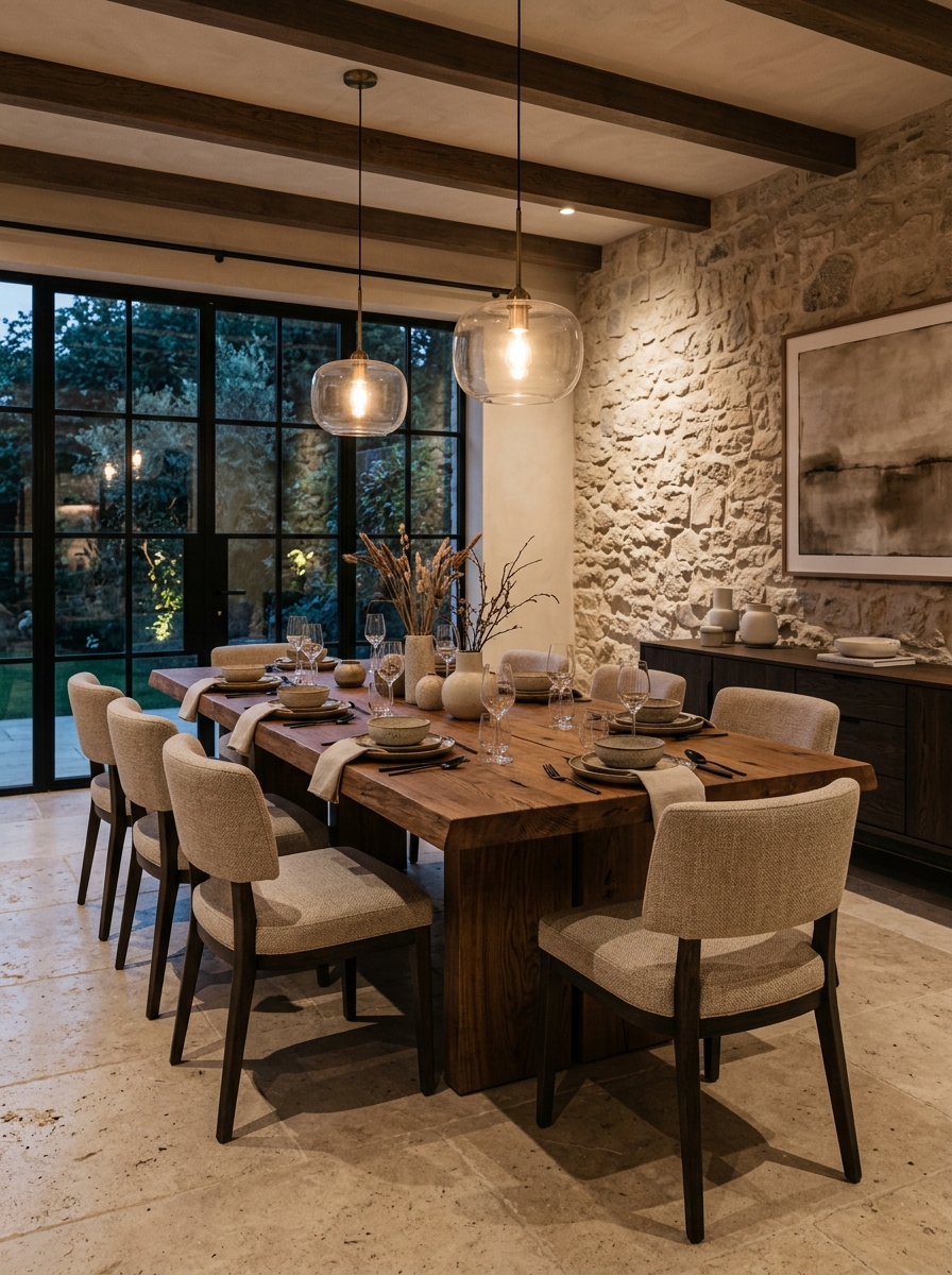 Warm Wood & Stone Harmony Dining Room