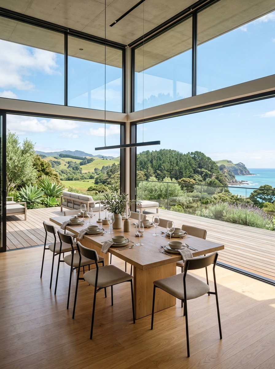 Floor-to-Ceiling Glass Modern Dining Retreat