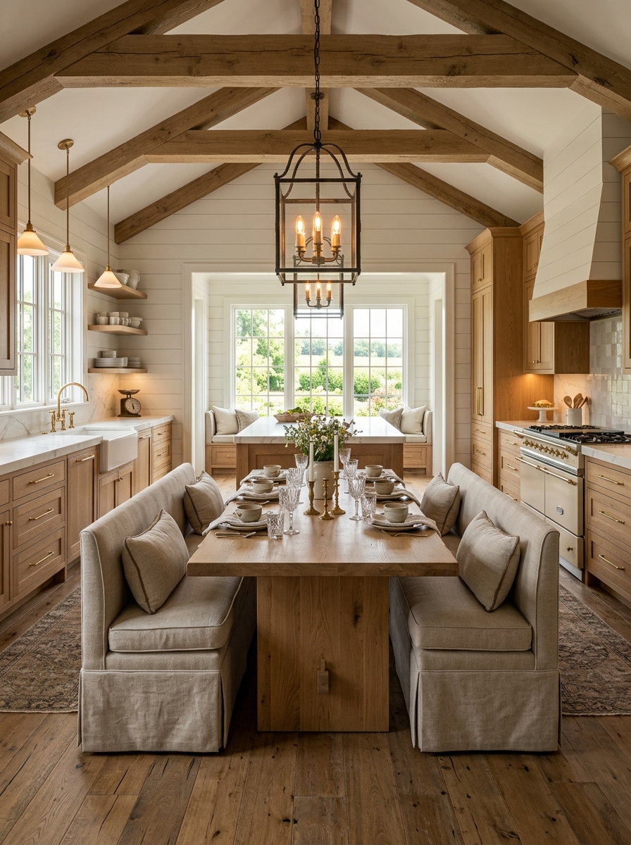 Luxury Farmhouse Kitchen with Double Bench Seating Layout