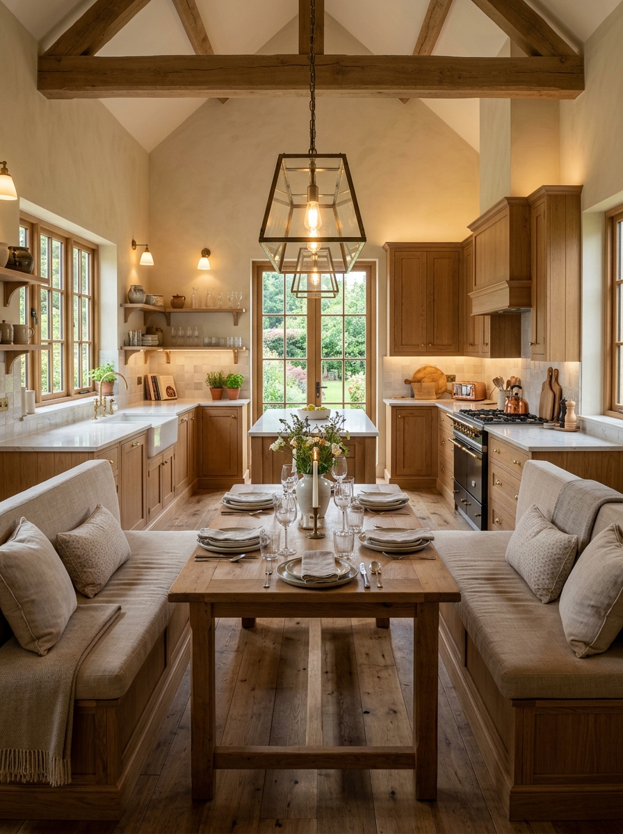 Luxury Farmhouse Kitchen with Double Bench Seating Layout