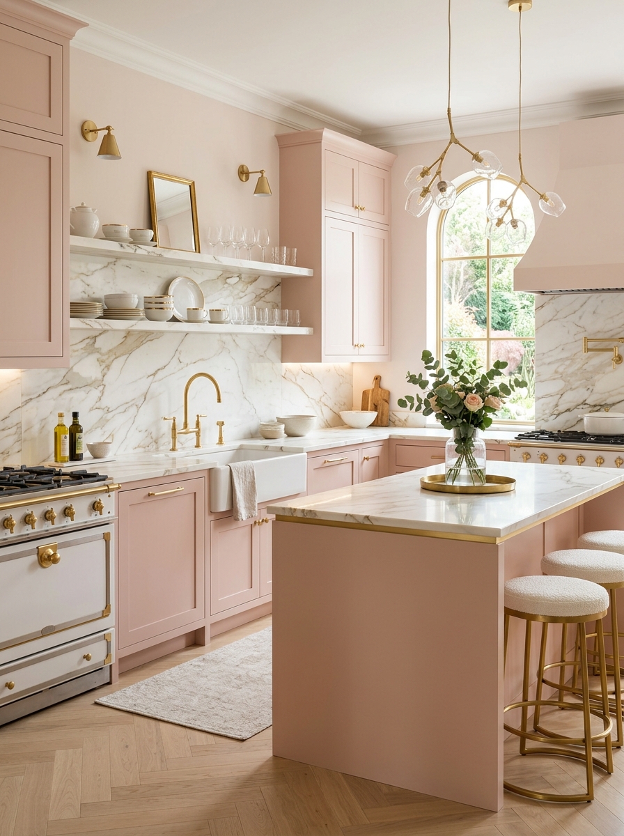 Pink Kitchen with Gold Veined Marble