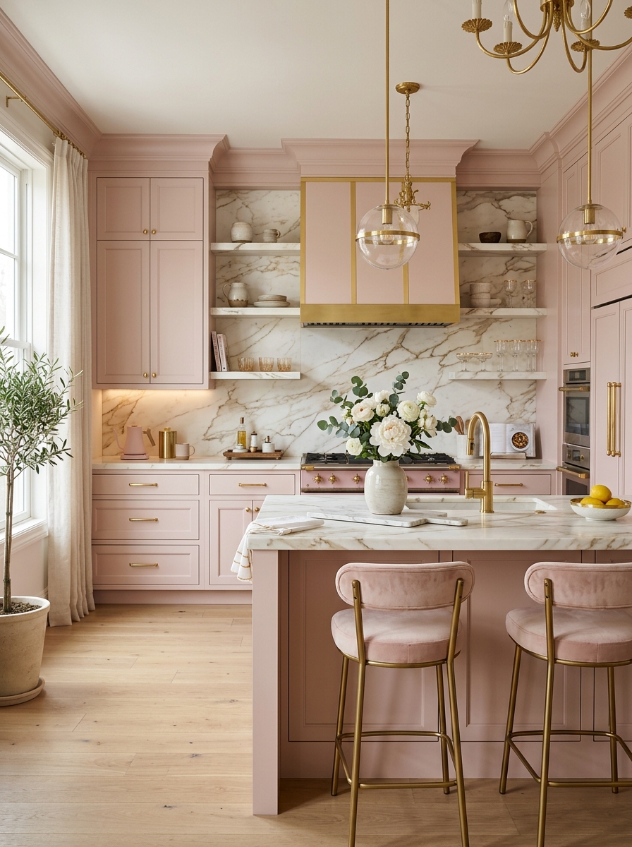 Pink Kitchen with Gold Veined Marble