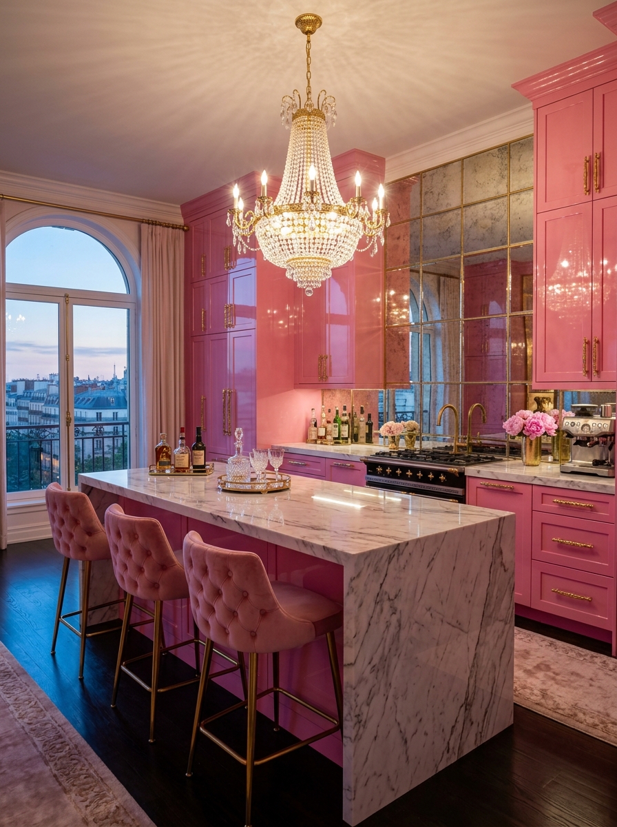 Glam Pink Kitchen with Crystal Lighting