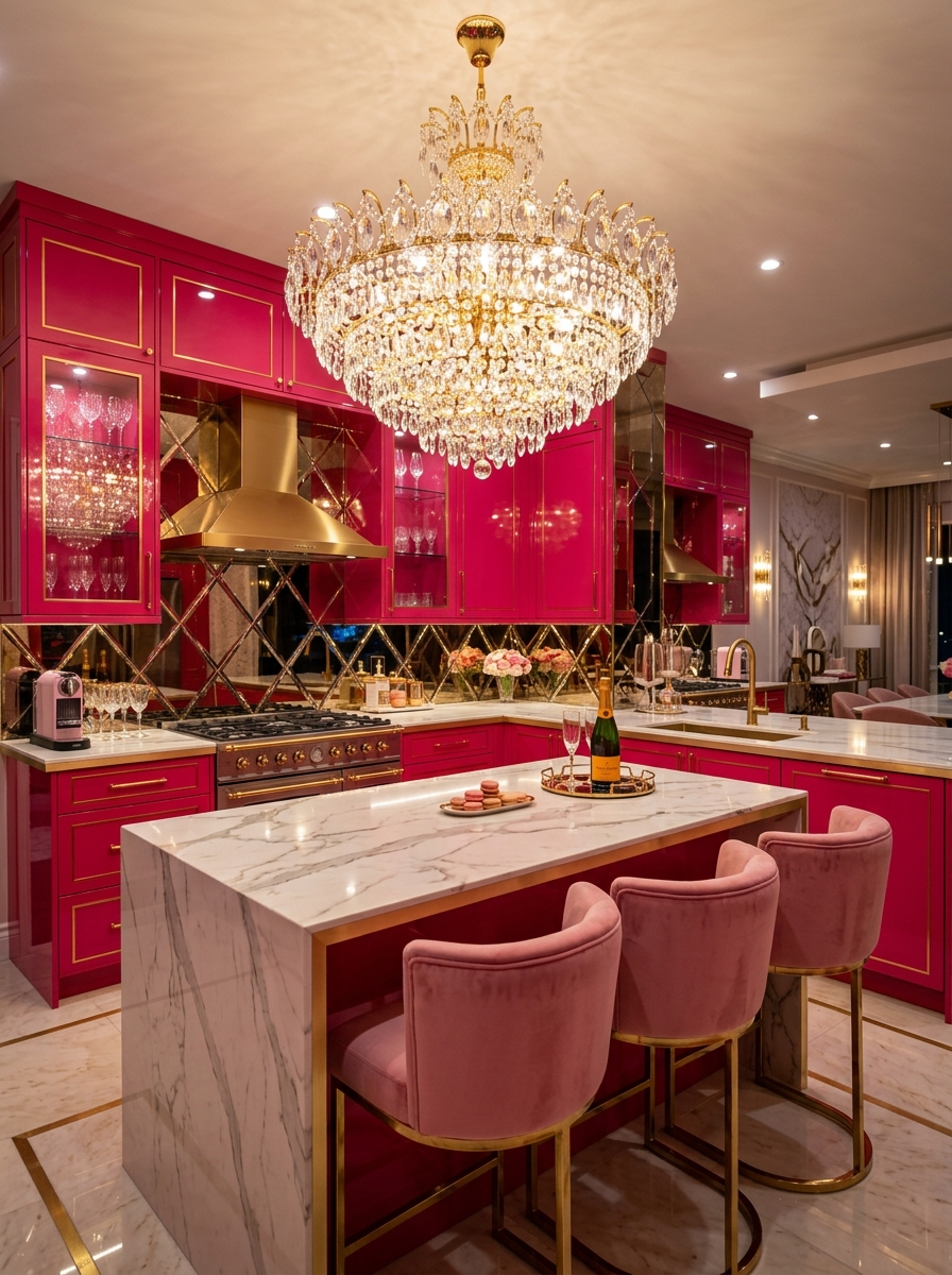 Glam Pink Kitchen with Crystal Lighting