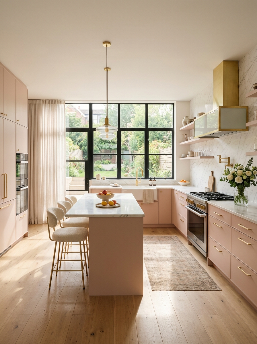 Blush Pink Cabinets with Gold Accents