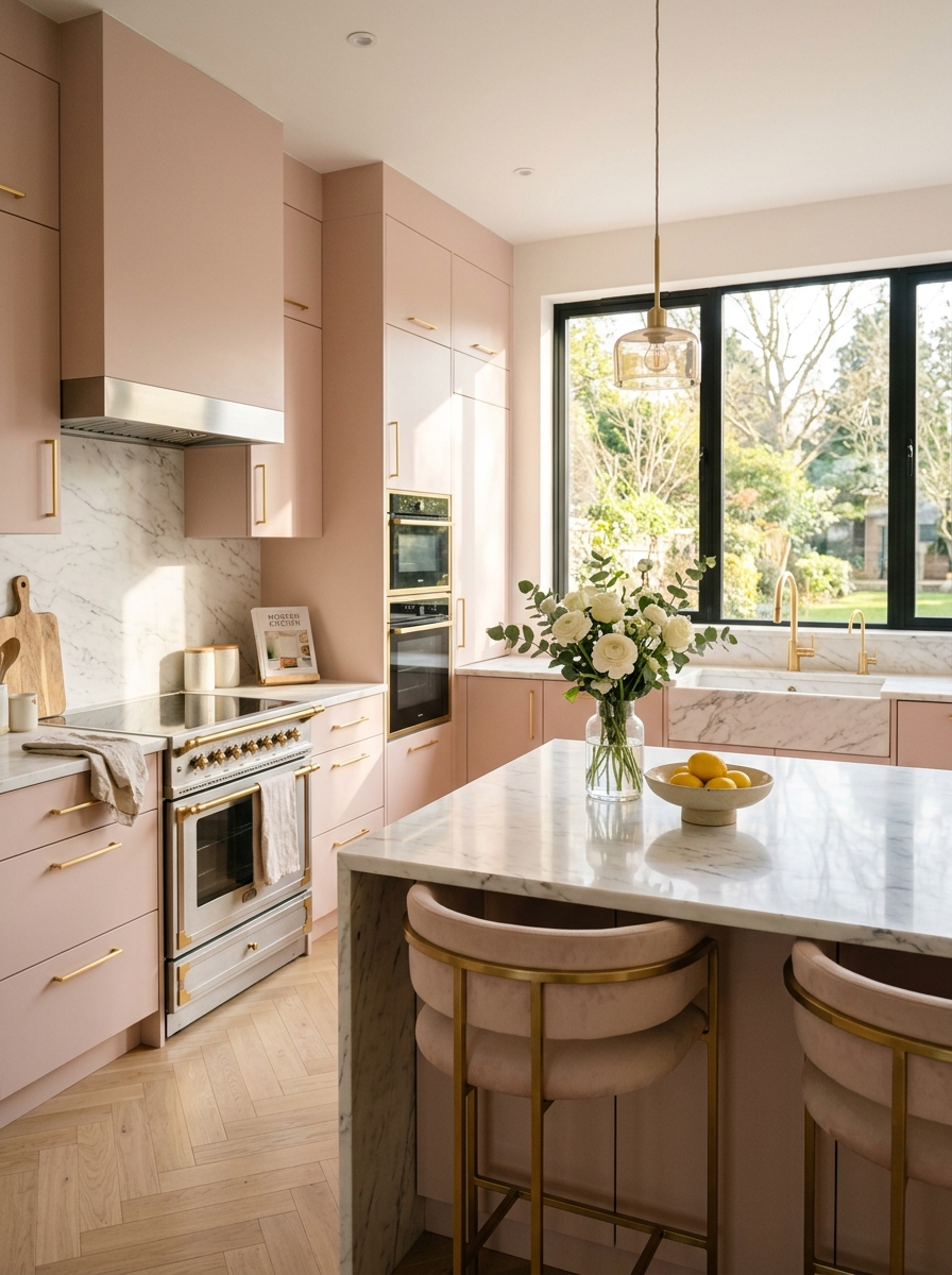 Blush Pink Cabinets with Gold Accents
