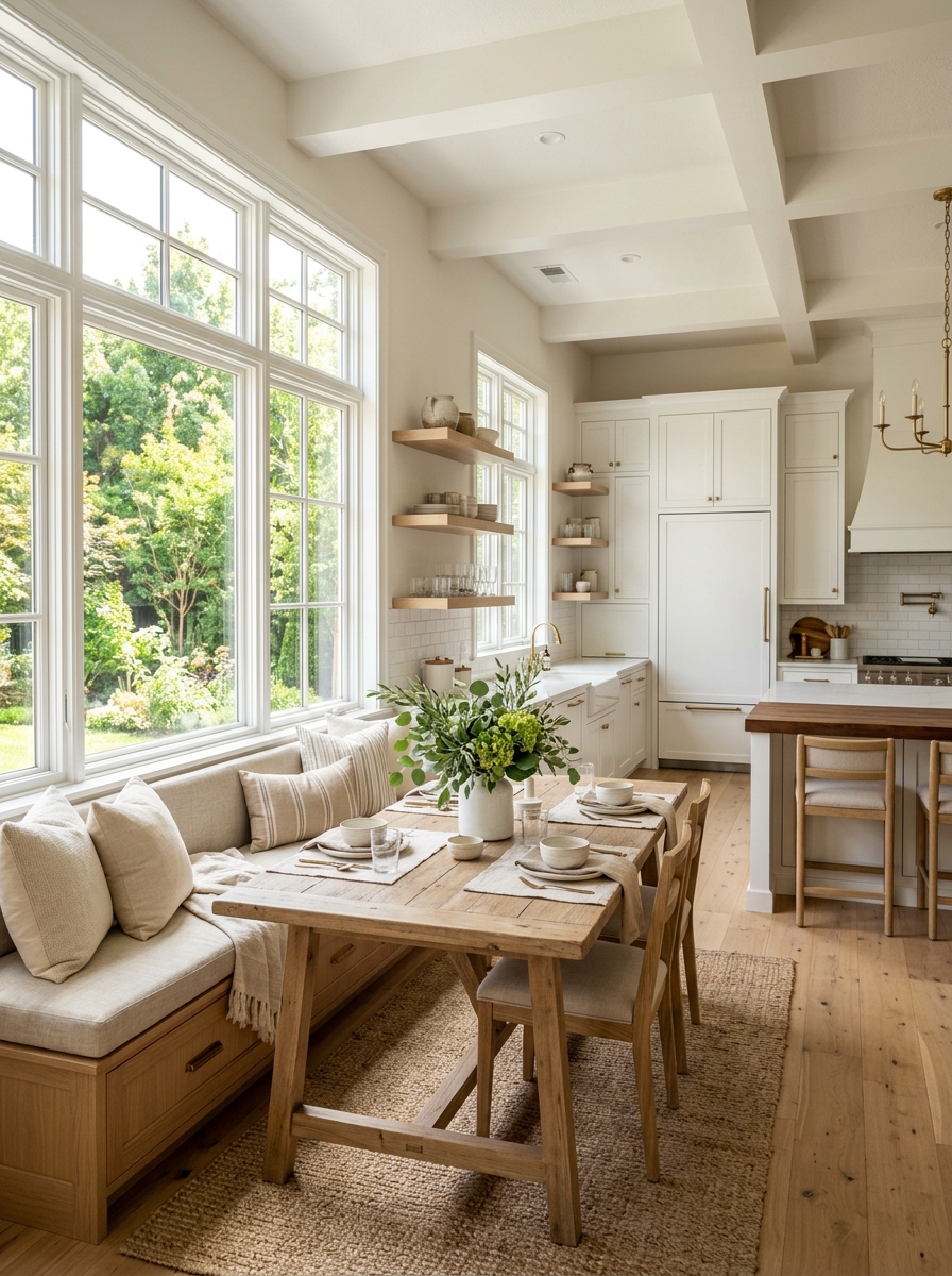 Bright White Modern Farmhouse Kitchen with Built-in Bench Breakfast Nook