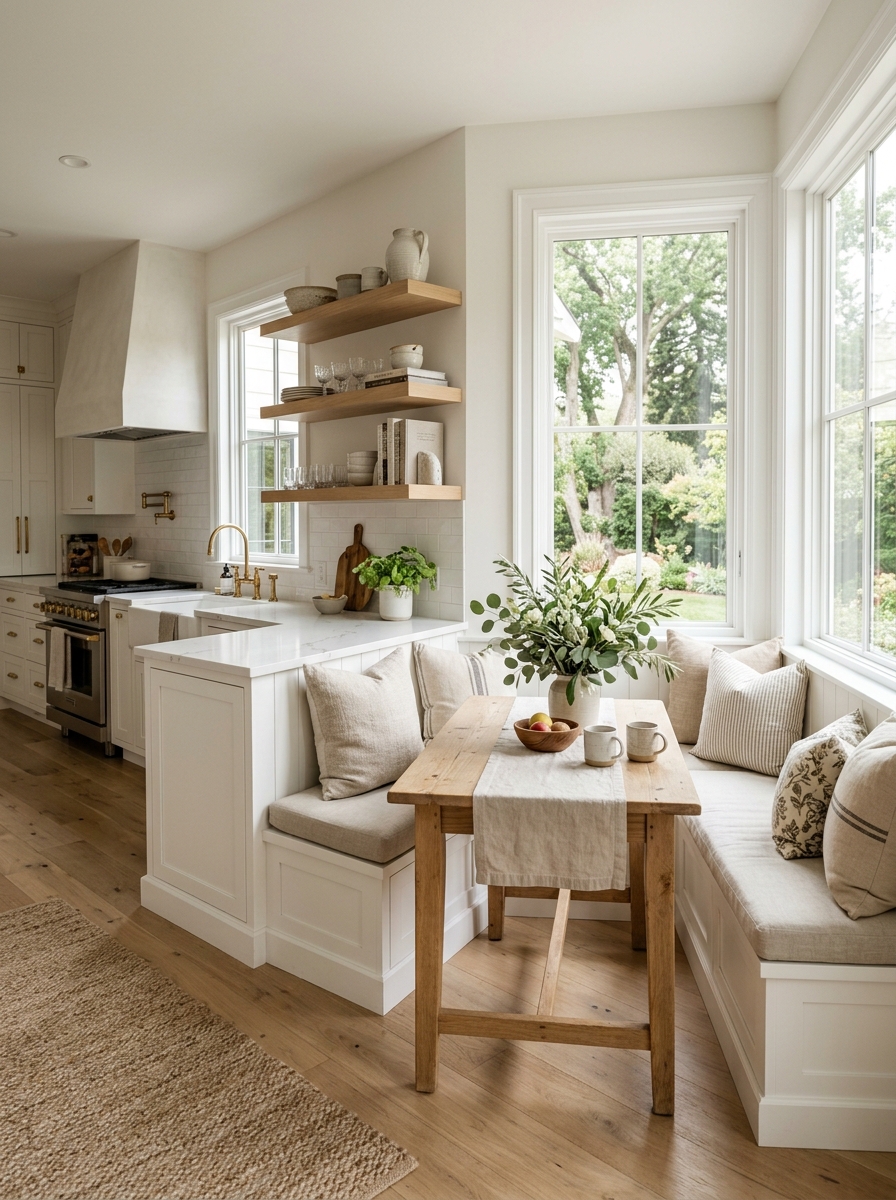 Bright White Modern Farmhouse Kitchen with Built-in Bench Breakfast Nook