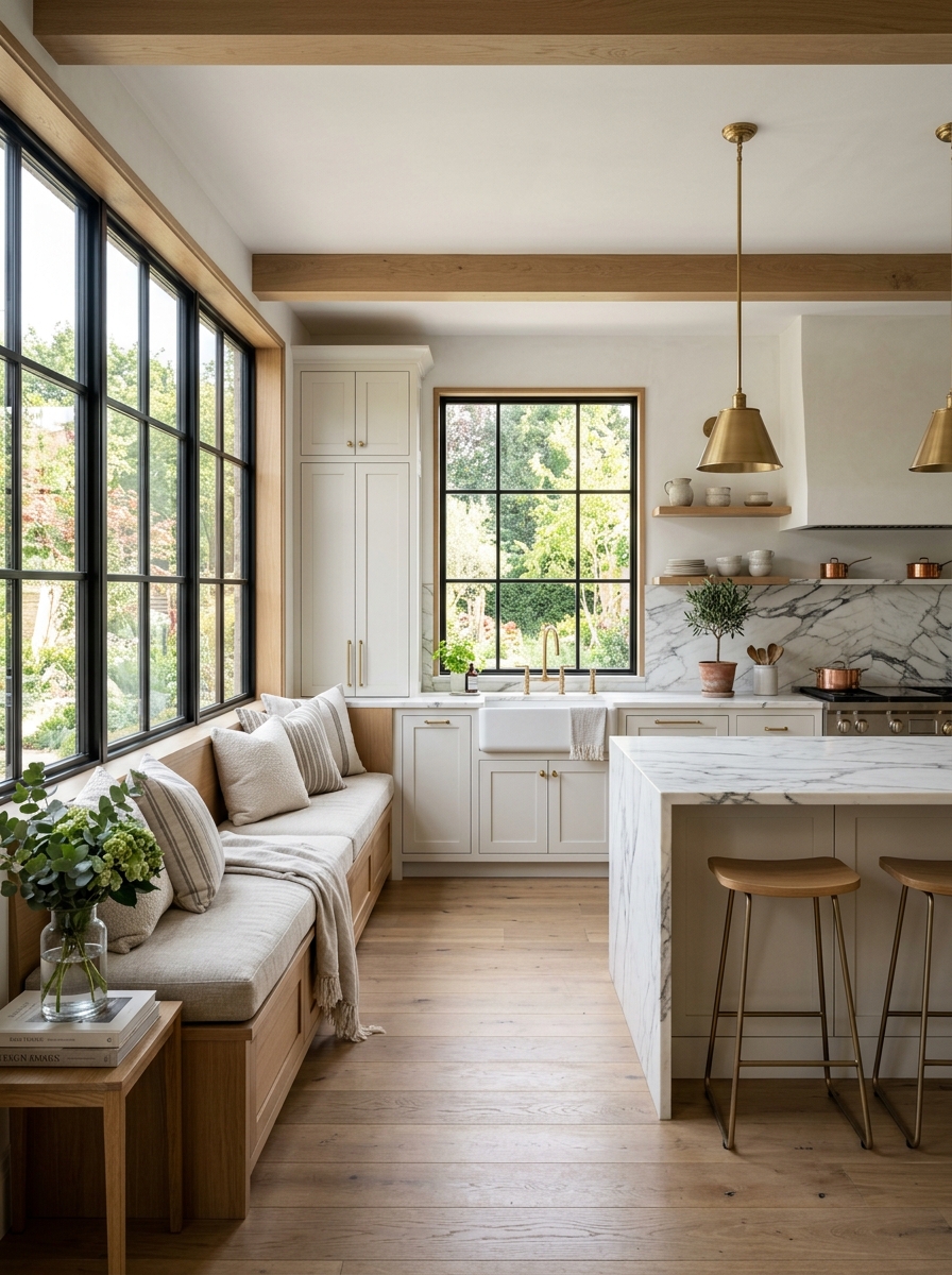 Luxury Marble Farmhouse Kitchen with Window Bench Dining