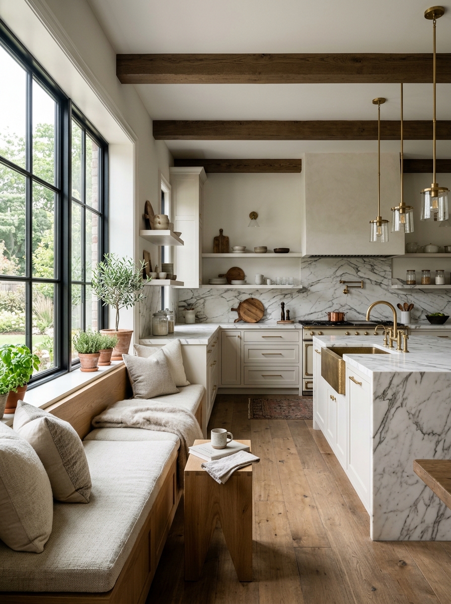 Luxury Marble Farmhouse Kitchen with Window Bench Dining