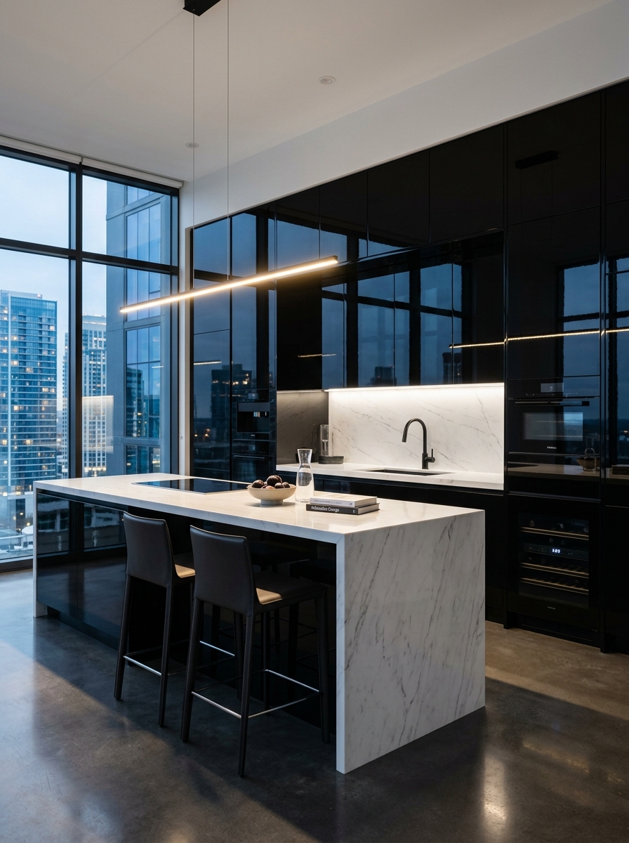 Glossy Black Cabinets with Reflective White Surfaces