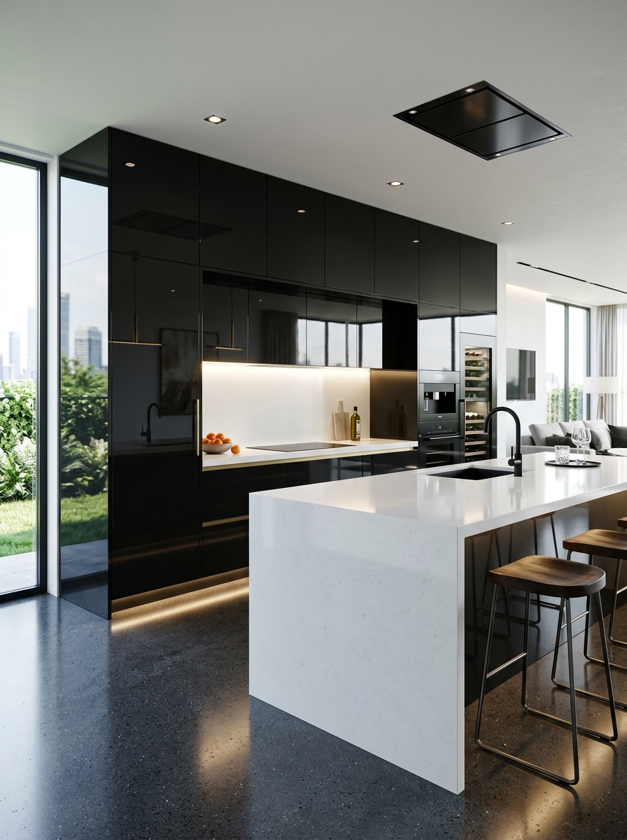 Glossy Black Cabinets with Reflective White Surfaces