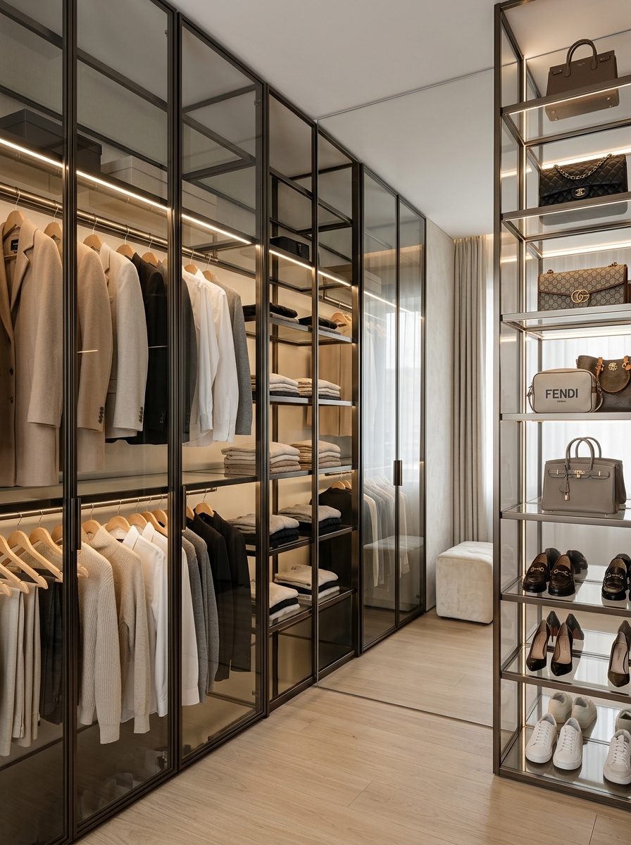 Glass-Panel Open Closet With Luxe Display Vibes