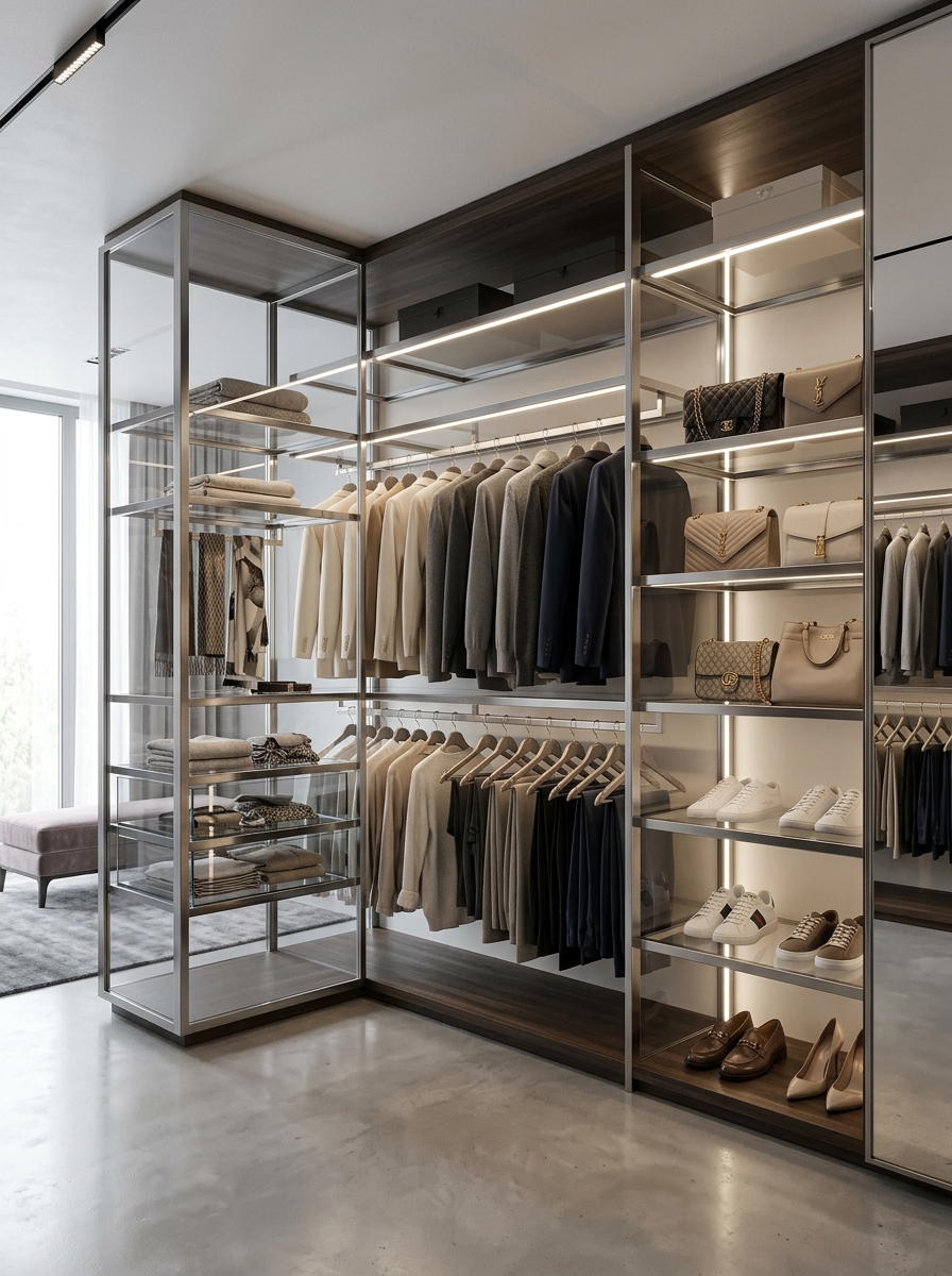 Glass-Panel Open Closet With Luxe Display Vibes