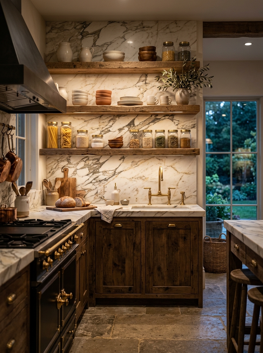 Rustic Luxury Kitchen with Marble Backsplash and Open Shelves