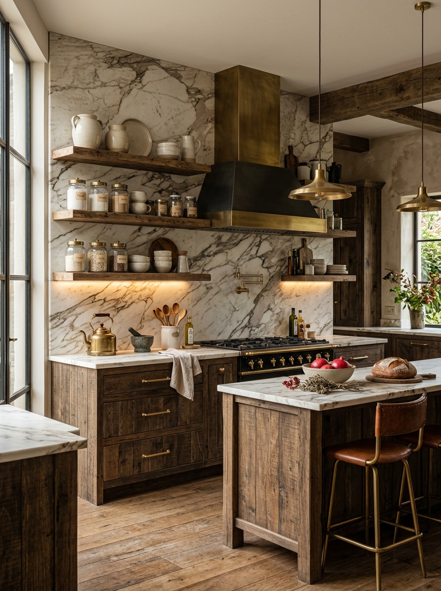 Rustic Luxury Kitchen with Marble Backsplash and Open Shelves
