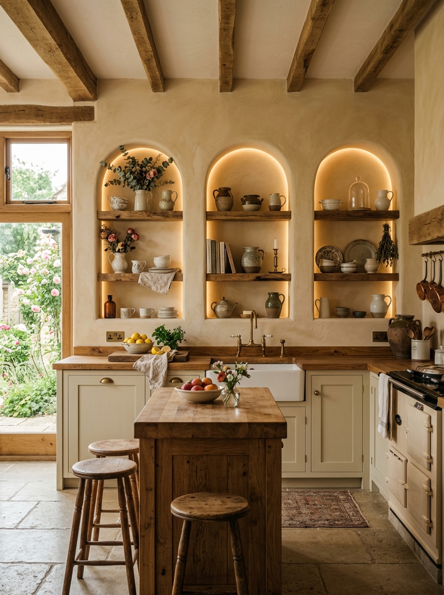 Rustic Kitchen with Arched Niche Open Shelving