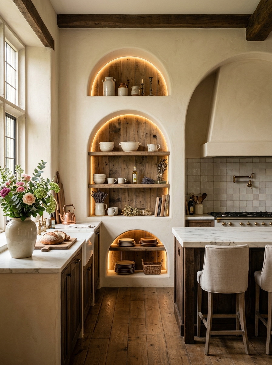Rustic Kitchen with Arched Niche Open Shelving