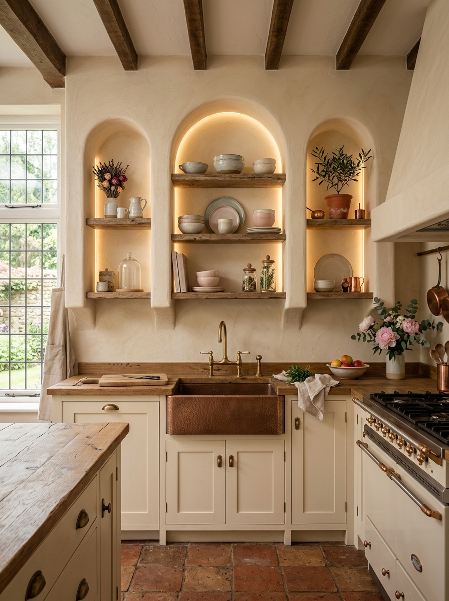 Rustic Kitchen with Arched Niche Open Shelving