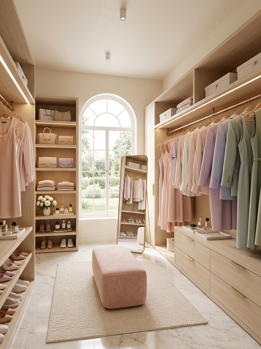 Soft White & Blush Open Wardrobe Elegance