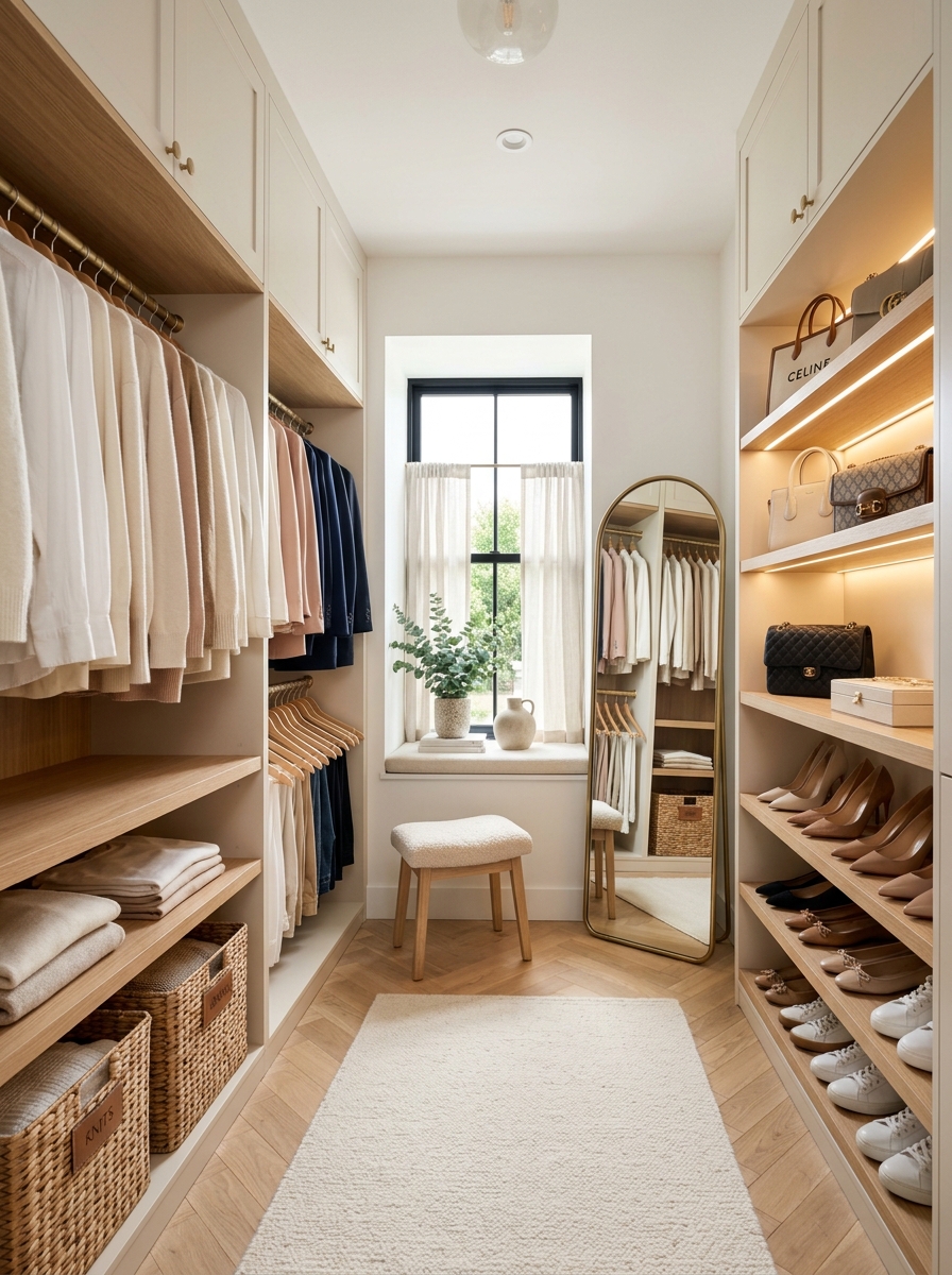 Small Walk-In Closet with Open Shelving & Neutral Palette