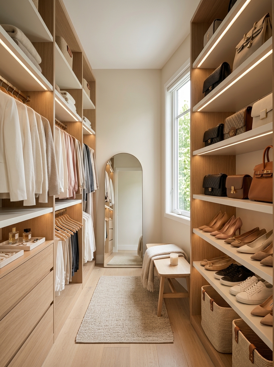 Small Walk-In Closet with Open Shelving & Neutral Palette