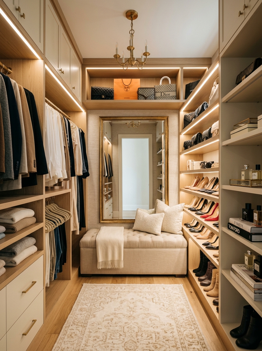 Luxury Minimal Walk-In Closet with Seating Area