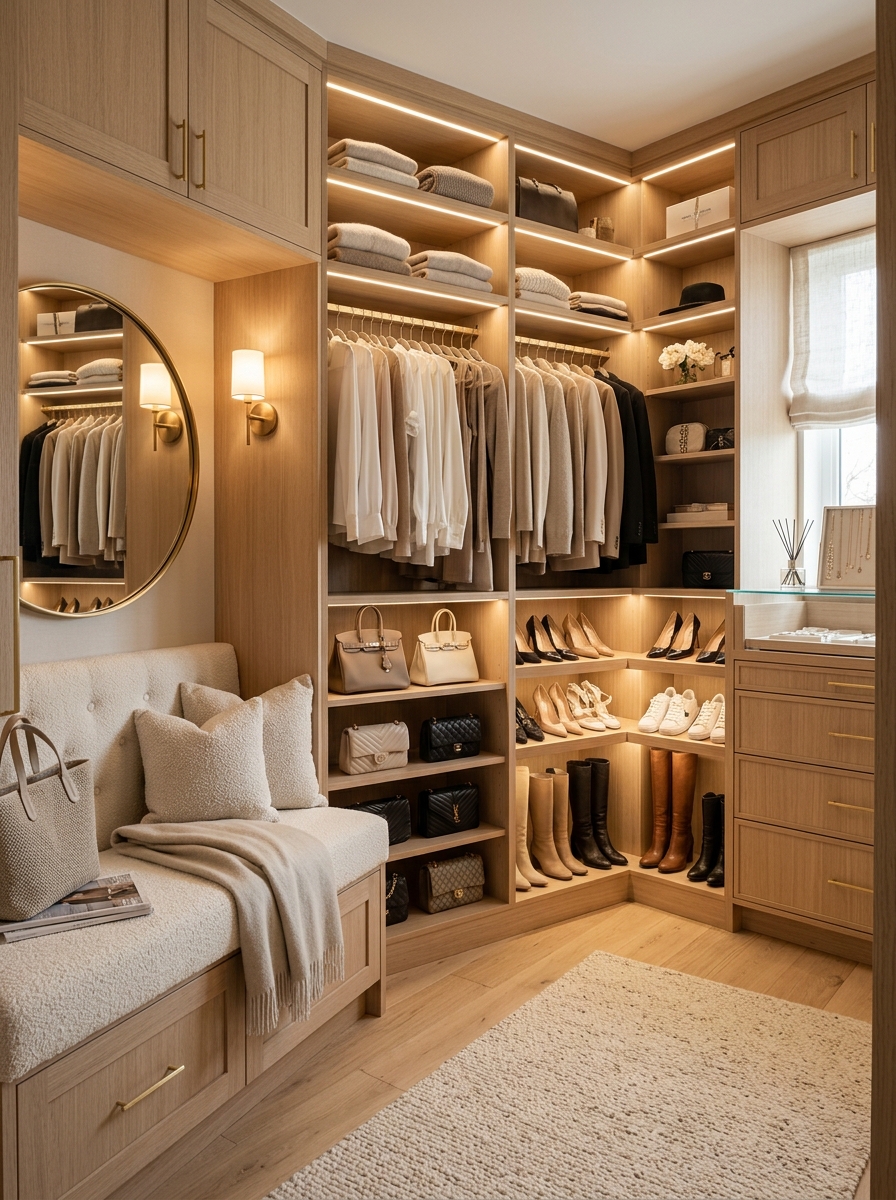 Luxury Minimal Walk-In Closet with Seating Area