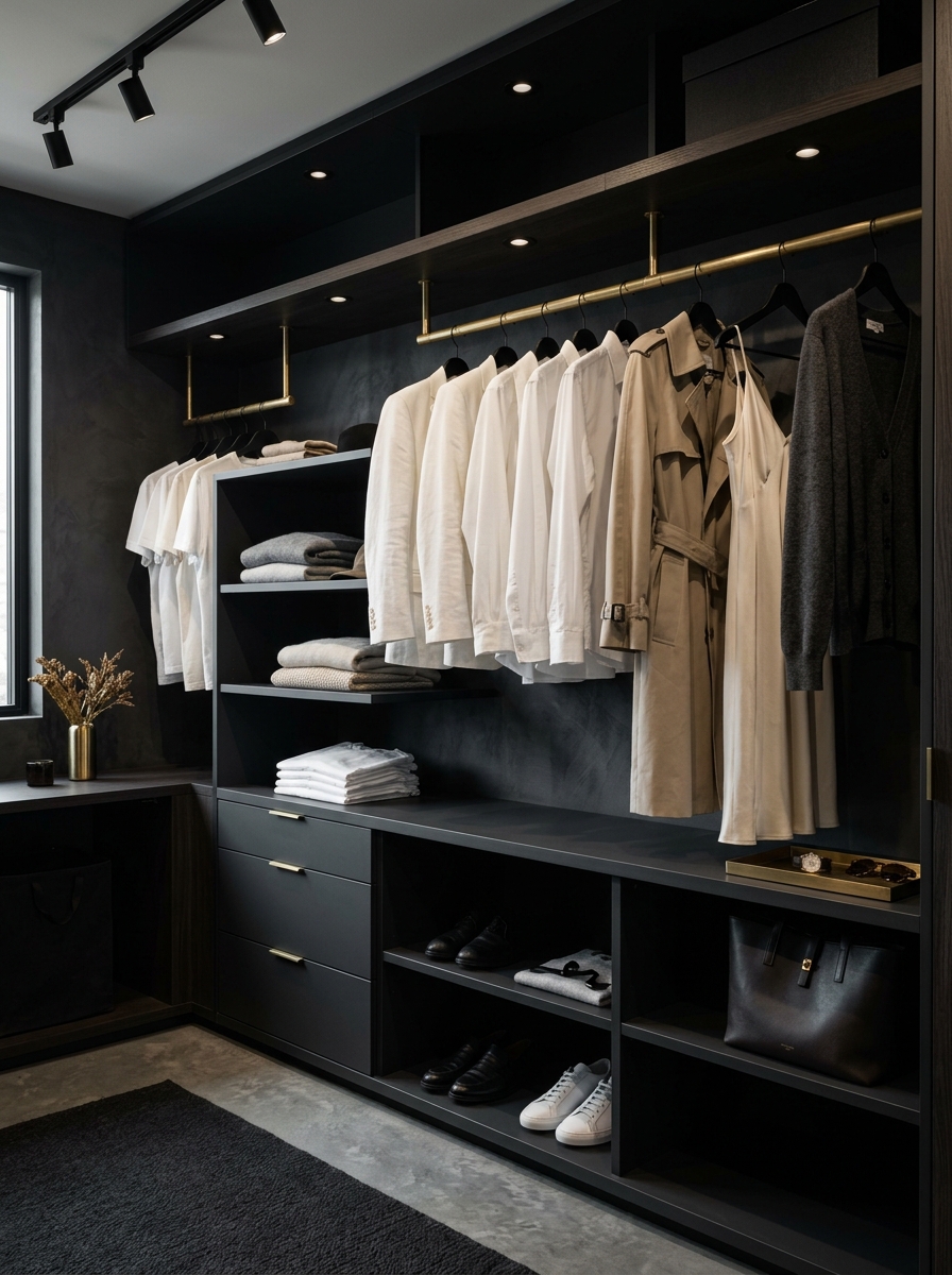 Dark Minimalist Open Closet With Statement Contrast