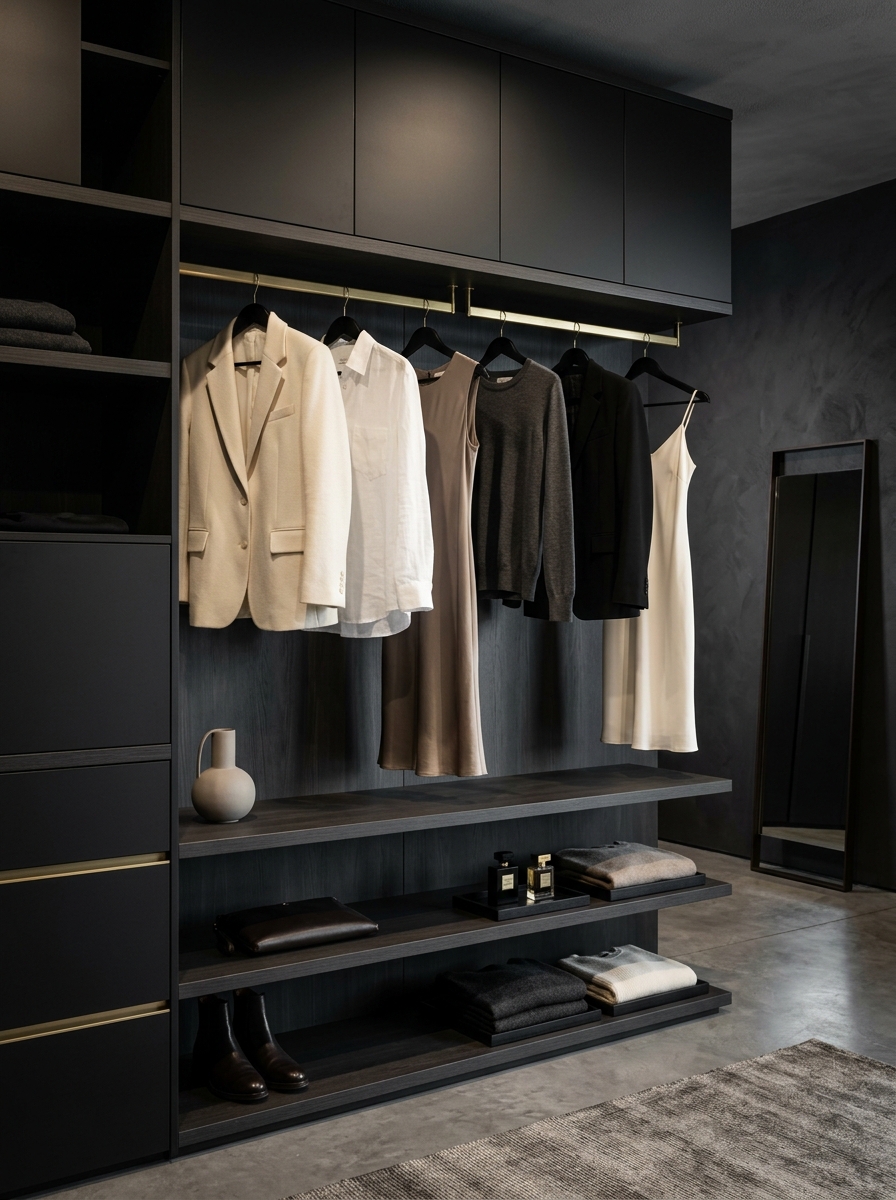 Dark Minimalist Open Closet With Statement Contrast