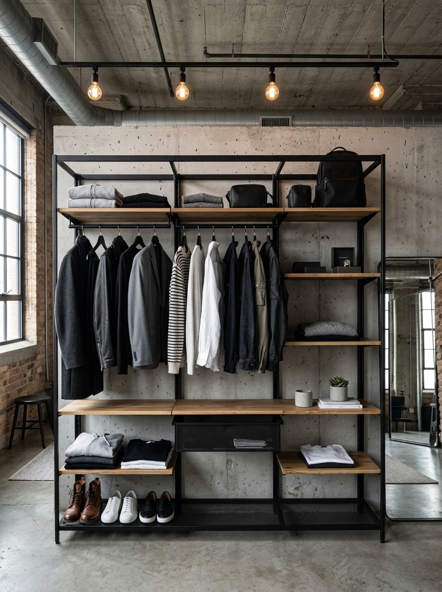 Industrial Minimal Open Closet With Clean Edge