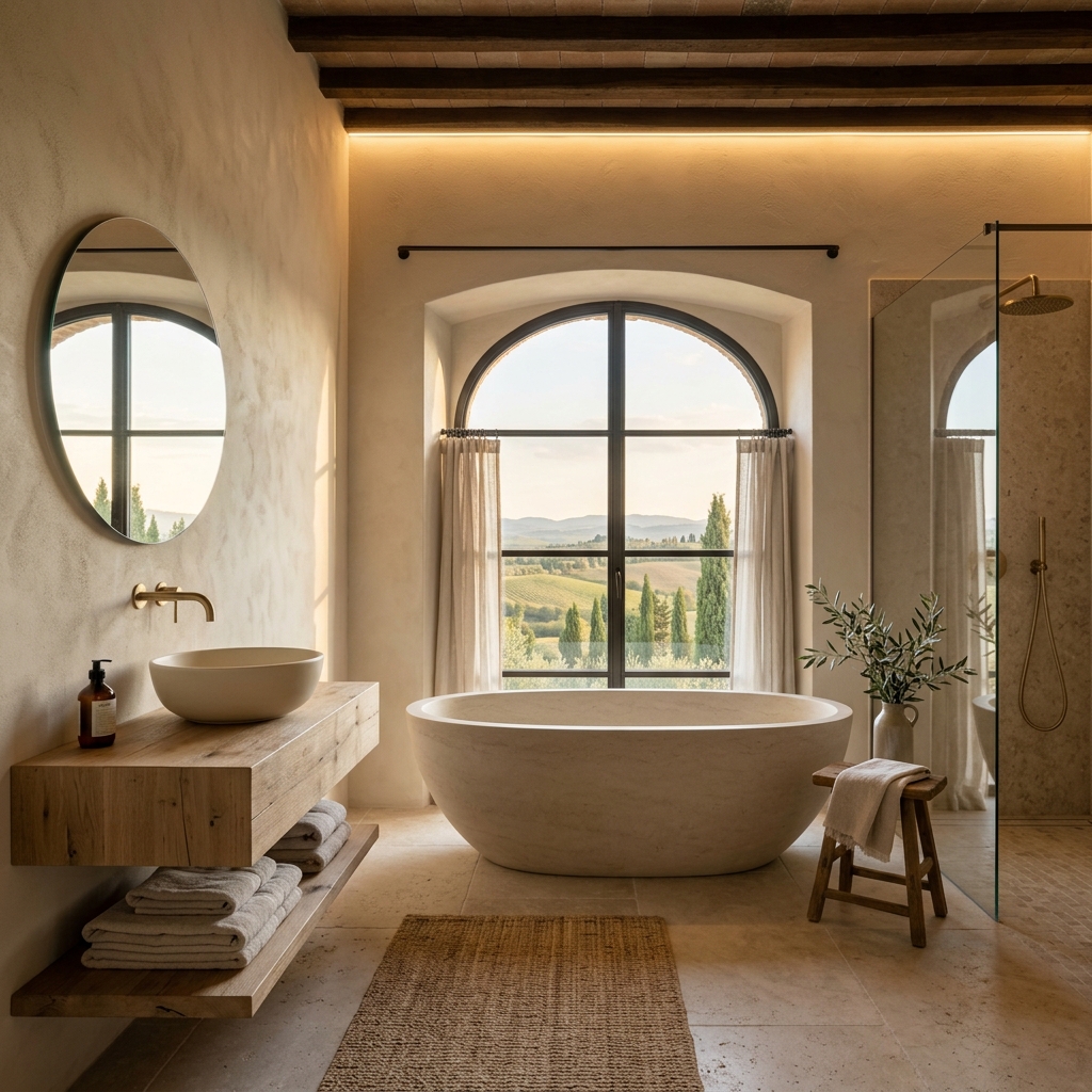 15 Tuscan Bathroom Design Ideas with Stone Tub & Warm Rustic Luxury