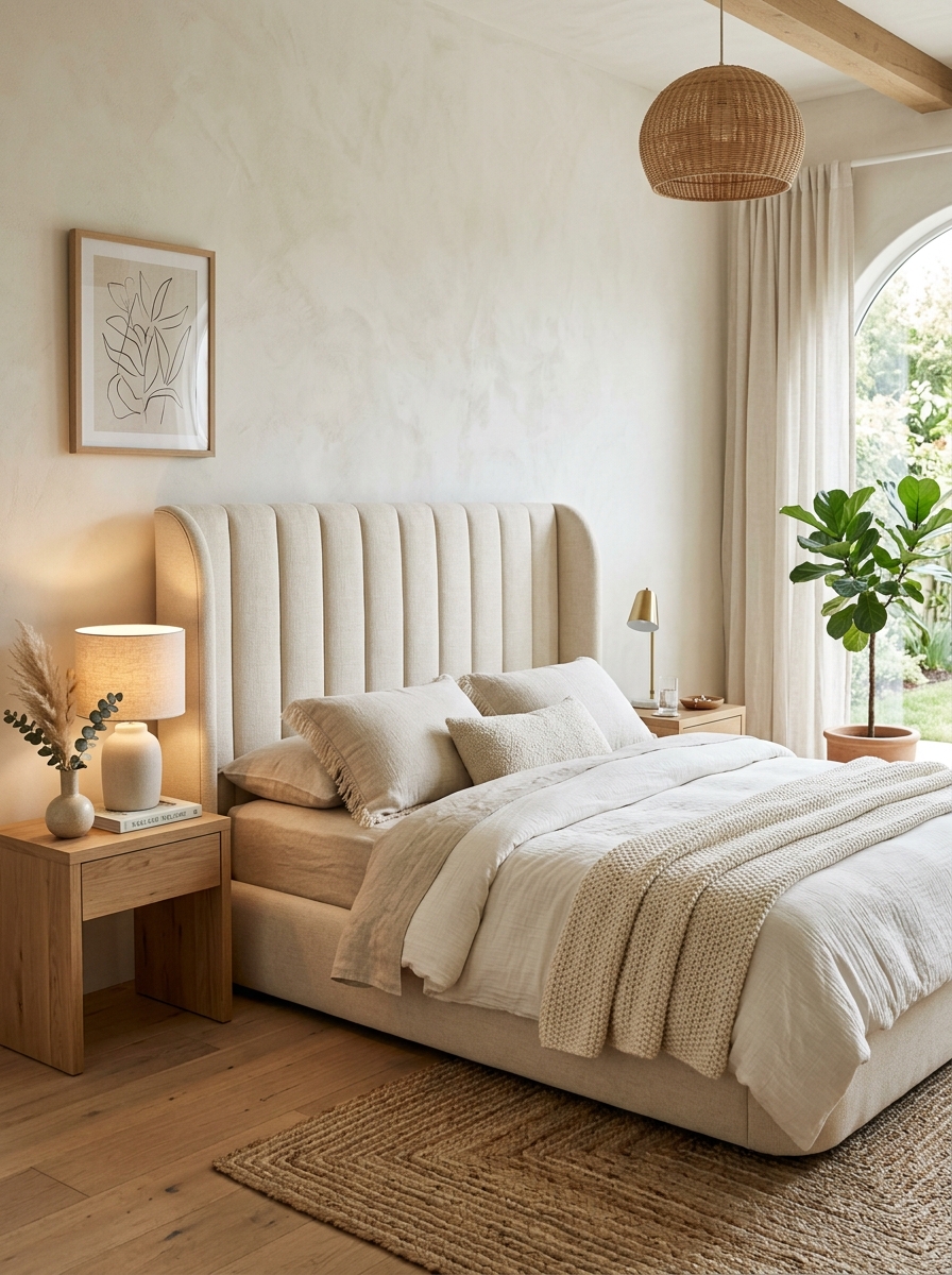 Neutral Upholstered Headboard with Vertical Detailing
