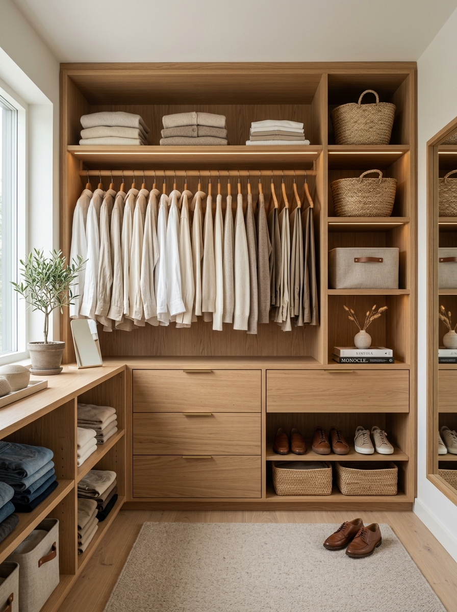 Scandinavian Neutral Minimal Closet with Warm Wood