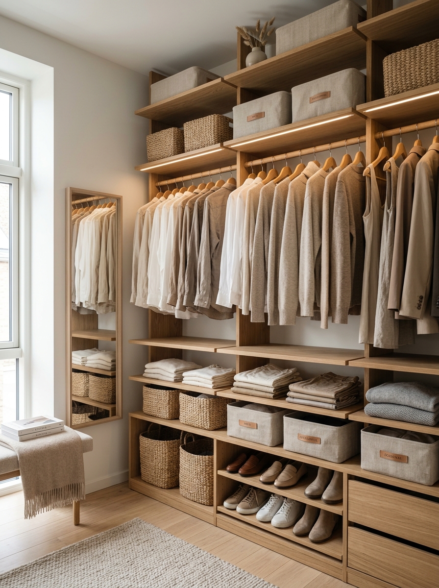 Scandinavian Neutral Minimal Closet with Warm Wood